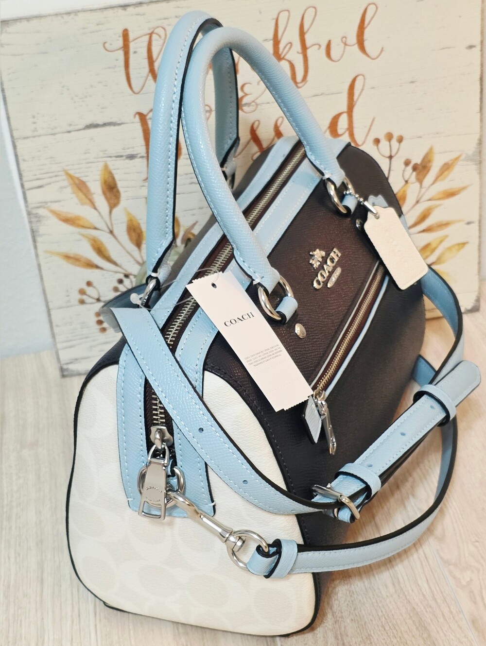 Coach RARE Rowan Colorblock Satchel Crossbody Purse Midnight Blue Chalk Bag - Picture 7 of 16